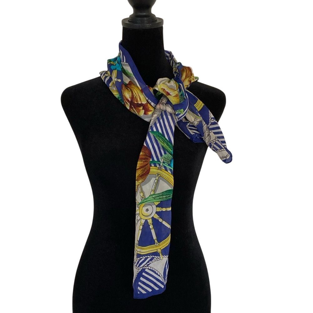 Vintage Worthington Silk Scarf 10.5 x 51" Nautical‎ Floral Coastal Luxury